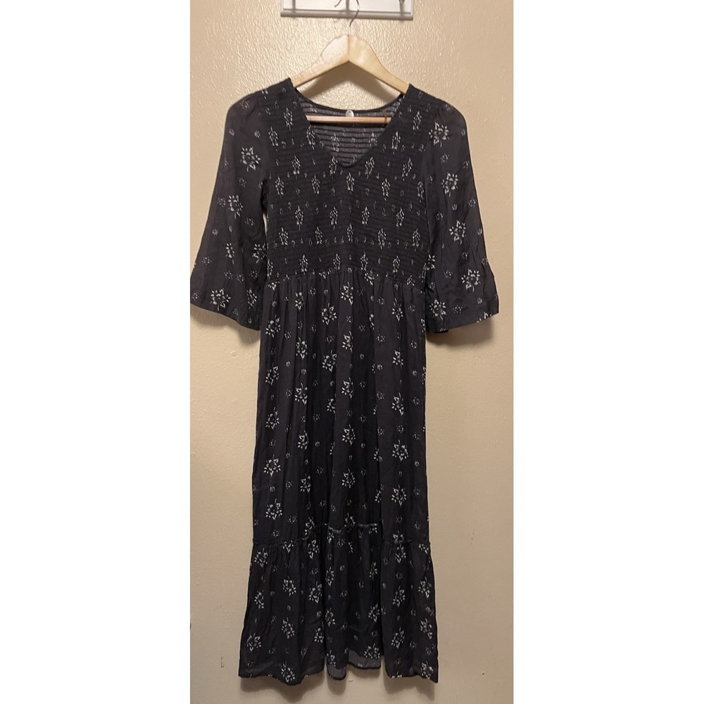 Margaret O'Leary Dress Gray Floral Midi Cottagecore Prairie Boho Smocked Women S